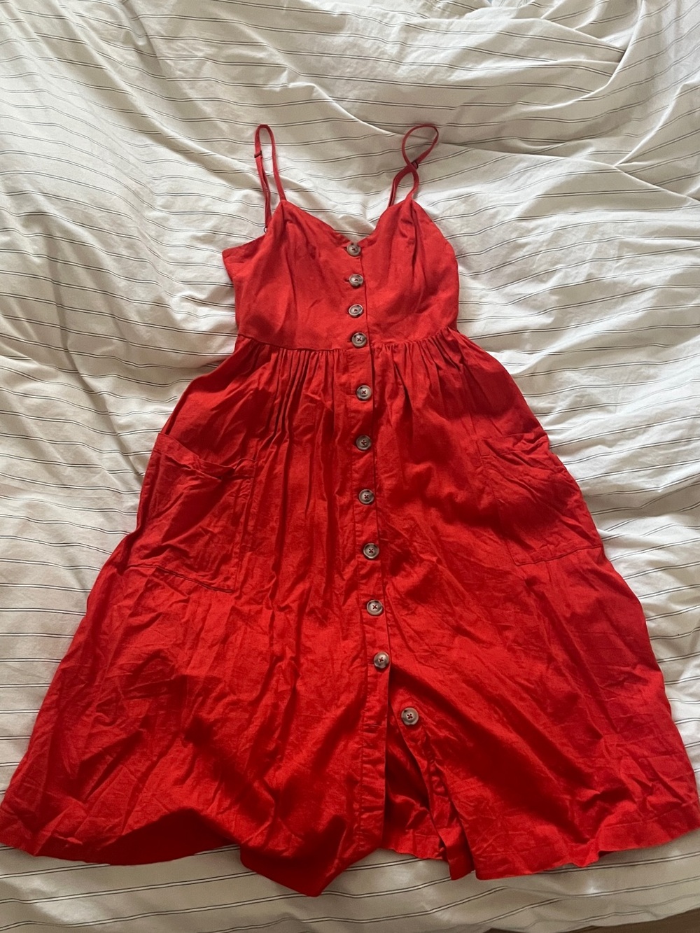 Red/Orange Button-Front Spaghetti Strap Dress